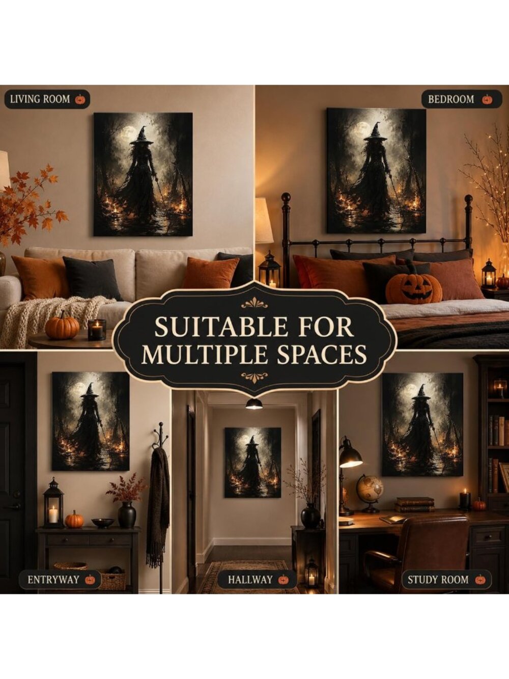 Spooky Halloween Canvas Art - Dark Witch in Enchanted Moonlit Forest Decor - Picture 7 of 7